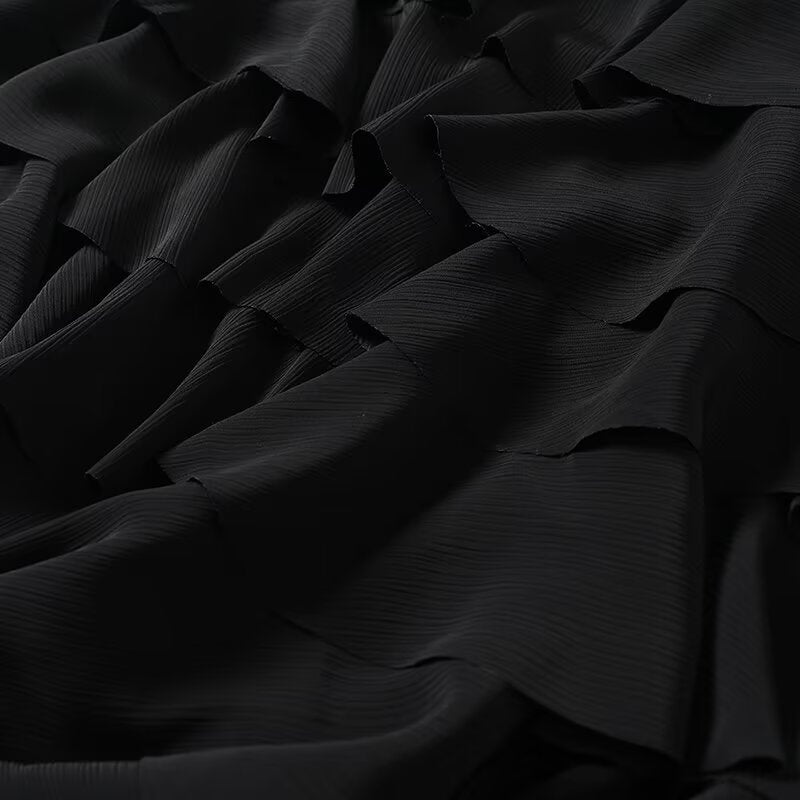 Women's black draped ruffle edge MIDI skirt