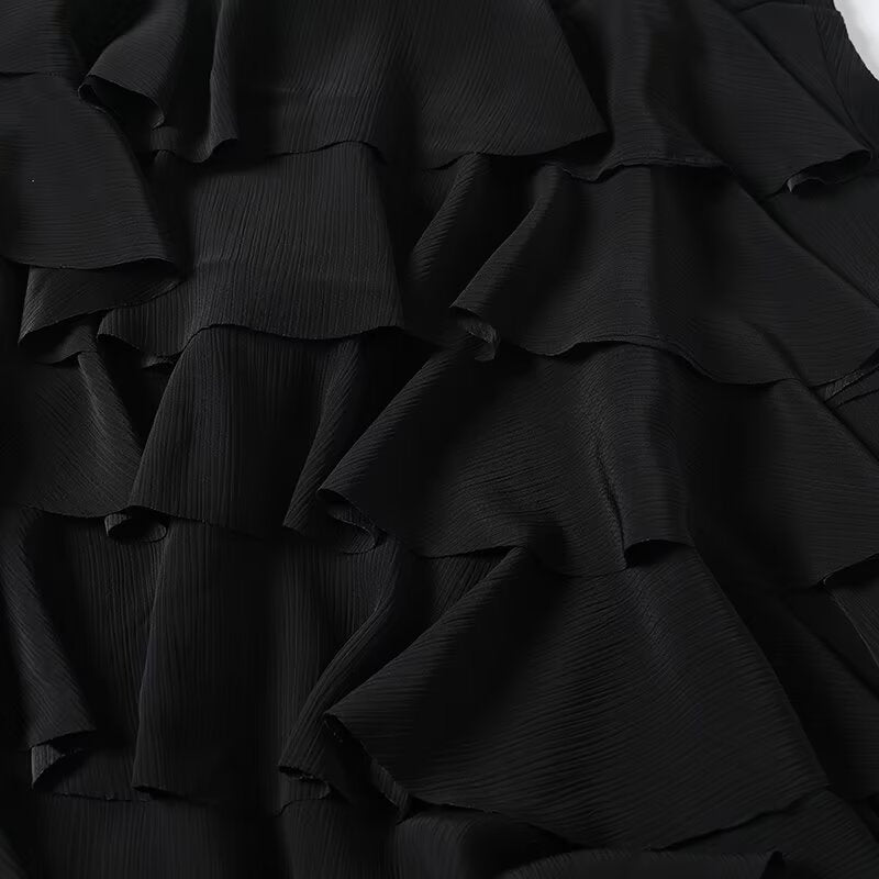 Women's black draped ruffle edge MIDI skirt