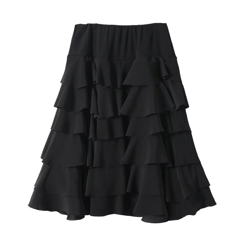 Women's black draped ruffle edge MIDI skirt